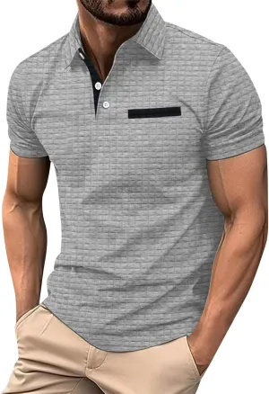 HXHYQKP Men's Short Sleeve Knit Polo Shirts Waffle Texture Knit Shirt Vintage Classic Business Button Polo Shirts