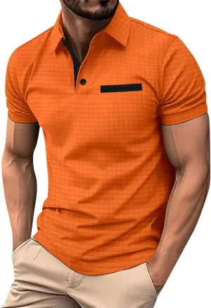 HXHYQKP Men's Short Sleeve Knit Polo Shirts Waffle Texture Knit Shirt Vintage Classic Business Button Polo Shirts