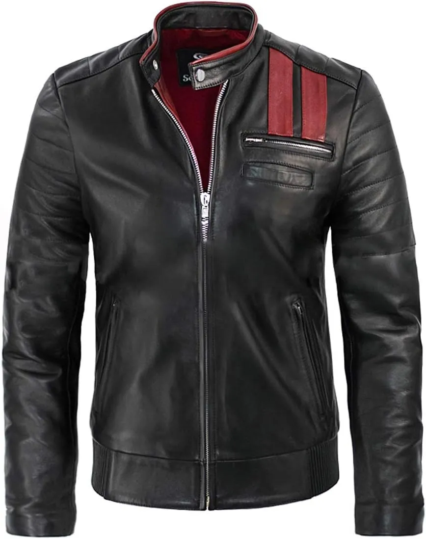 Hybrid Black Strips Red Designer Real Leather Jacket for Men