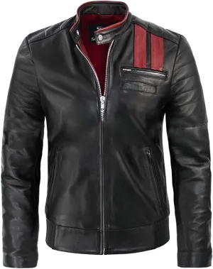 Hybrid Black Strips Red Designer Real Leather Jacket for Men