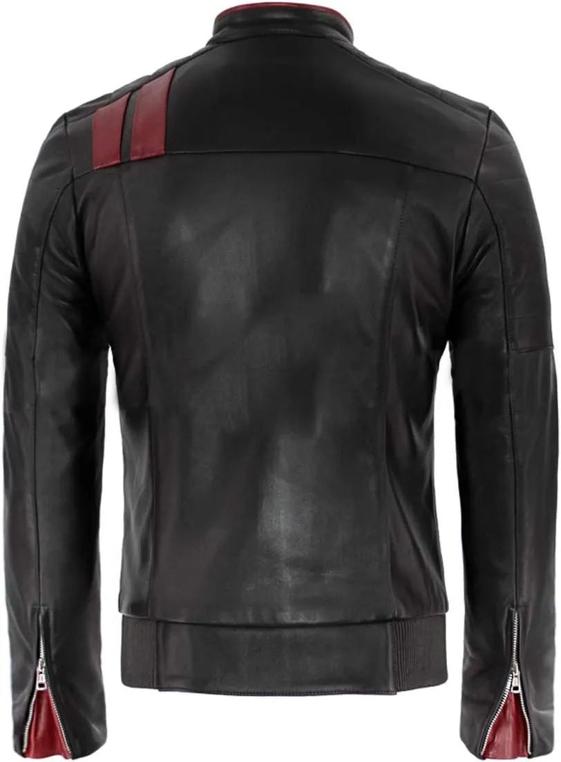 Hybrid Black Strips Red Designer Real Leather Jacket for Men