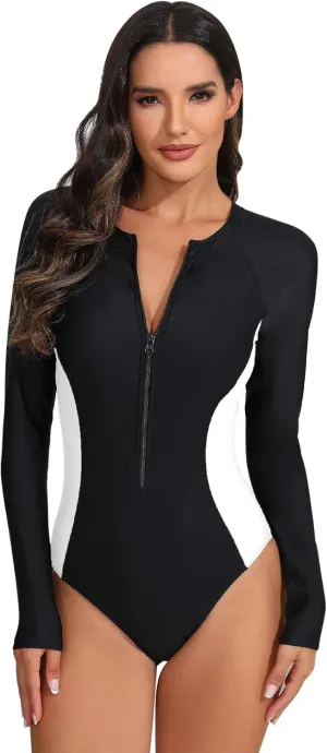 IBTOM CASTLE Women Rash Guard Long Sleeve One Piece Swimsuit UV Protection Zipper Swimwear Tummy Control Surfing Bathing Suit