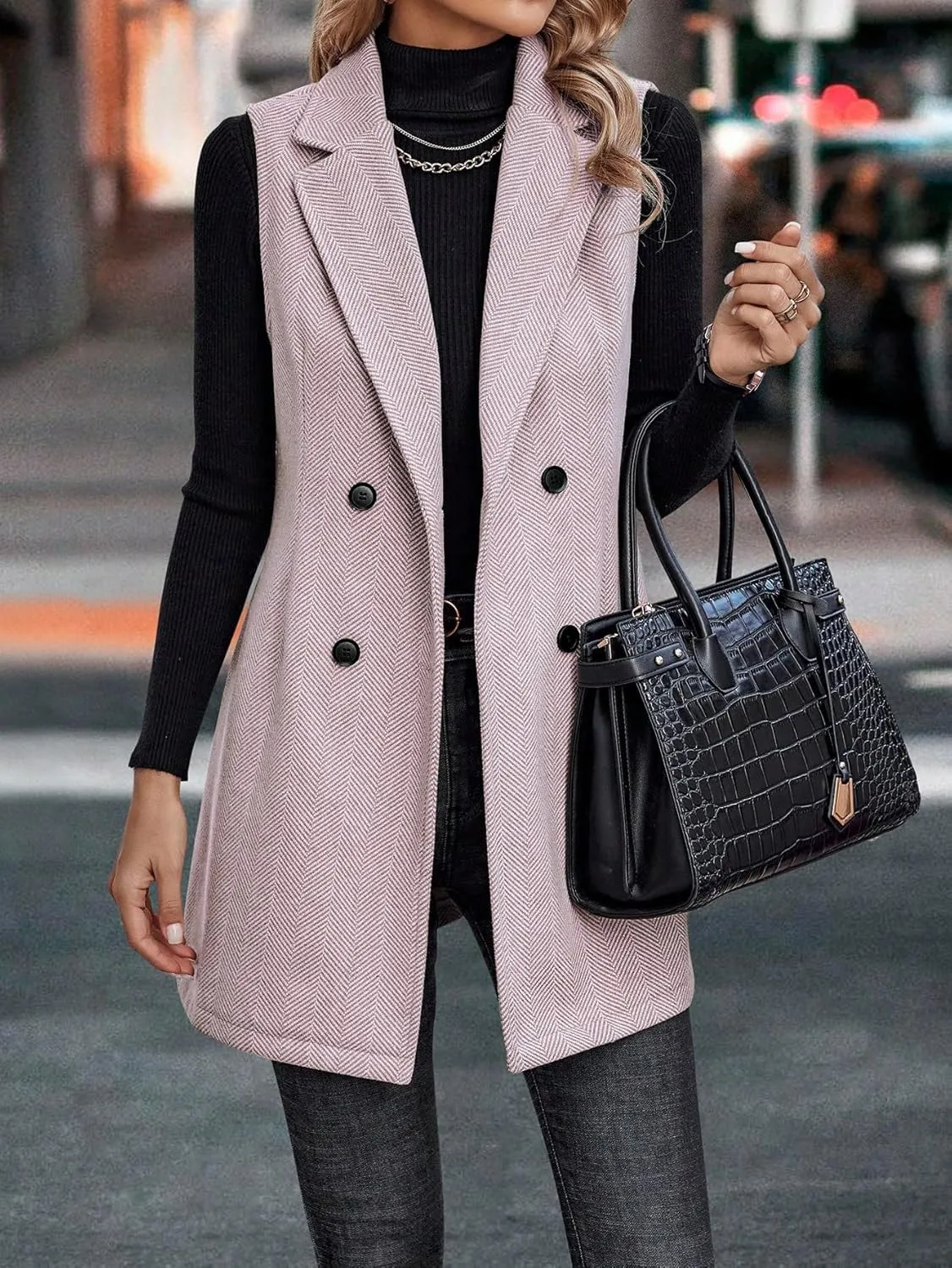 IDEALSANXUN Long Vest for Women Sleeveless Tweed Blazer Fall Jackets Cardigan Outerwear