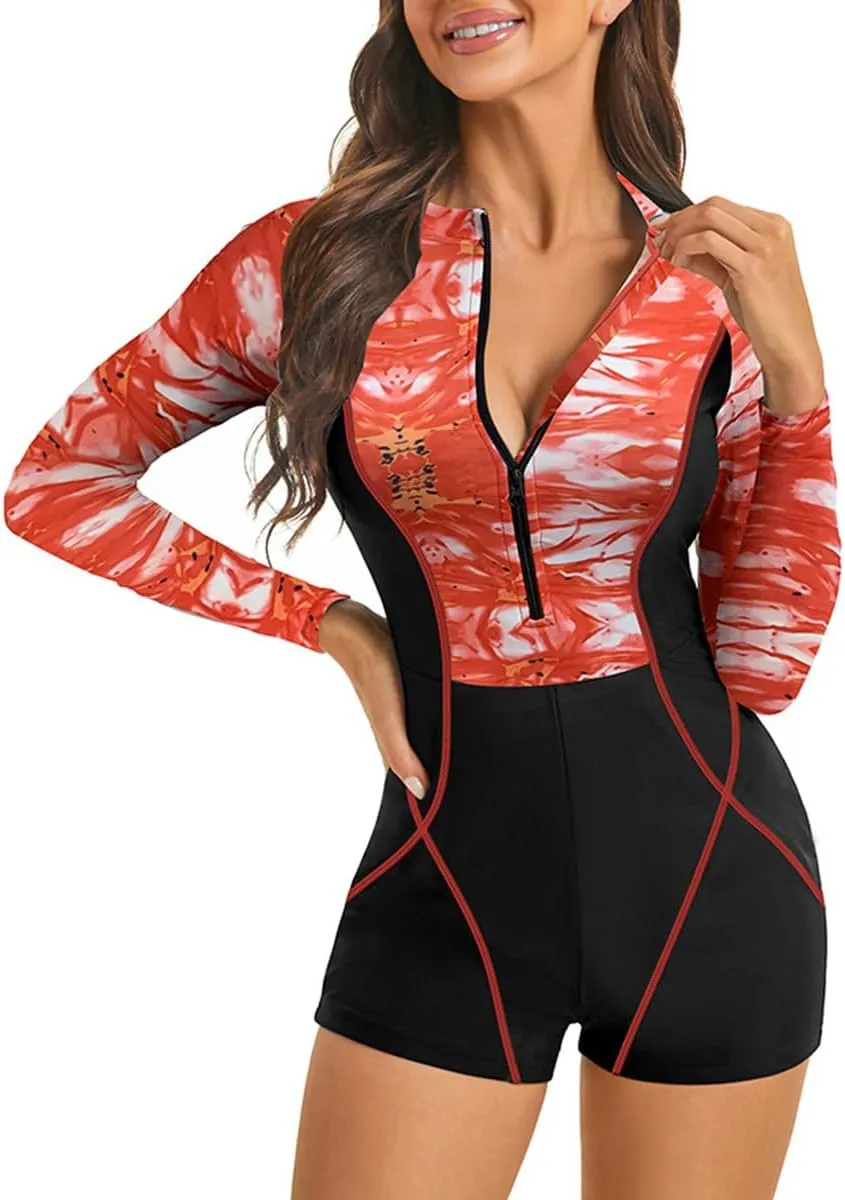IDOPIP Women Long Sleeve Rash Guard One Piece Swimsuit Zipper Surfing Bathing Suit UPF 50 Sun Protection Beachwear Swimwear