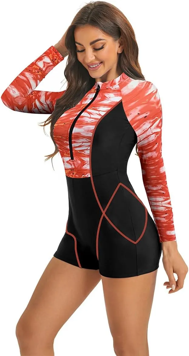 IDOPIP Women Long Sleeve Rash Guard One Piece Swimsuit Zipper Surfing Bathing Suit UPF 50 Sun Protection Beachwear Swimwear