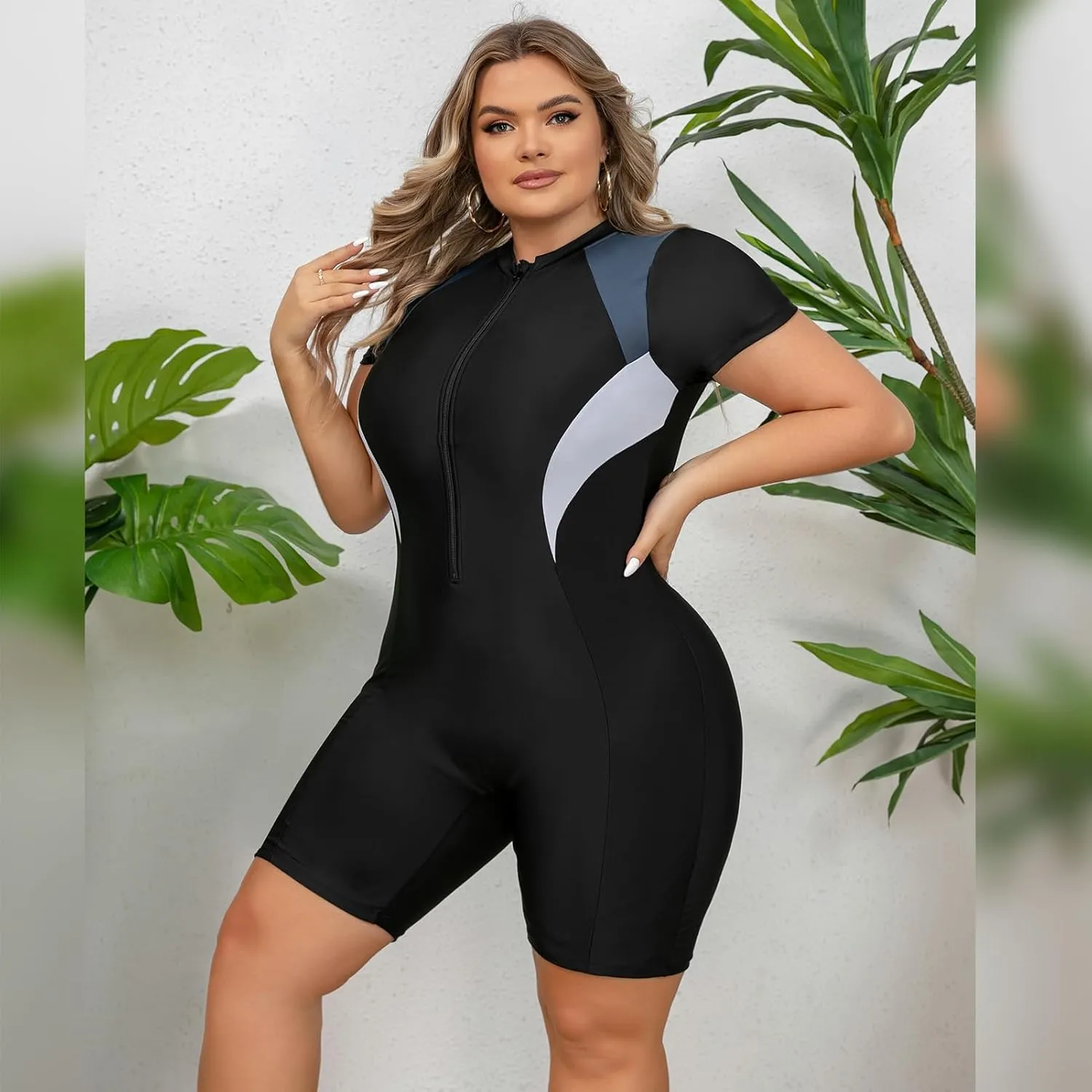 IKADEX Women Plus Size Rush Guard Zipper Swimwear Modest One-Piece Swimsuit Surfing Bathing Suit