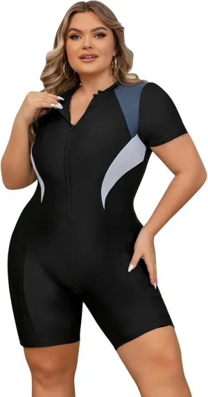 IKADEX Women Plus Size Rush Guard Zipper Swimwear Modest One-Piece Swimsuit Surfing Bathing Suit