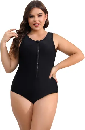 IKADEX Women Plus Size Rush Guard Zipper Swimwear Modest One-Piece Swimsuit Surfing Bathing Suit