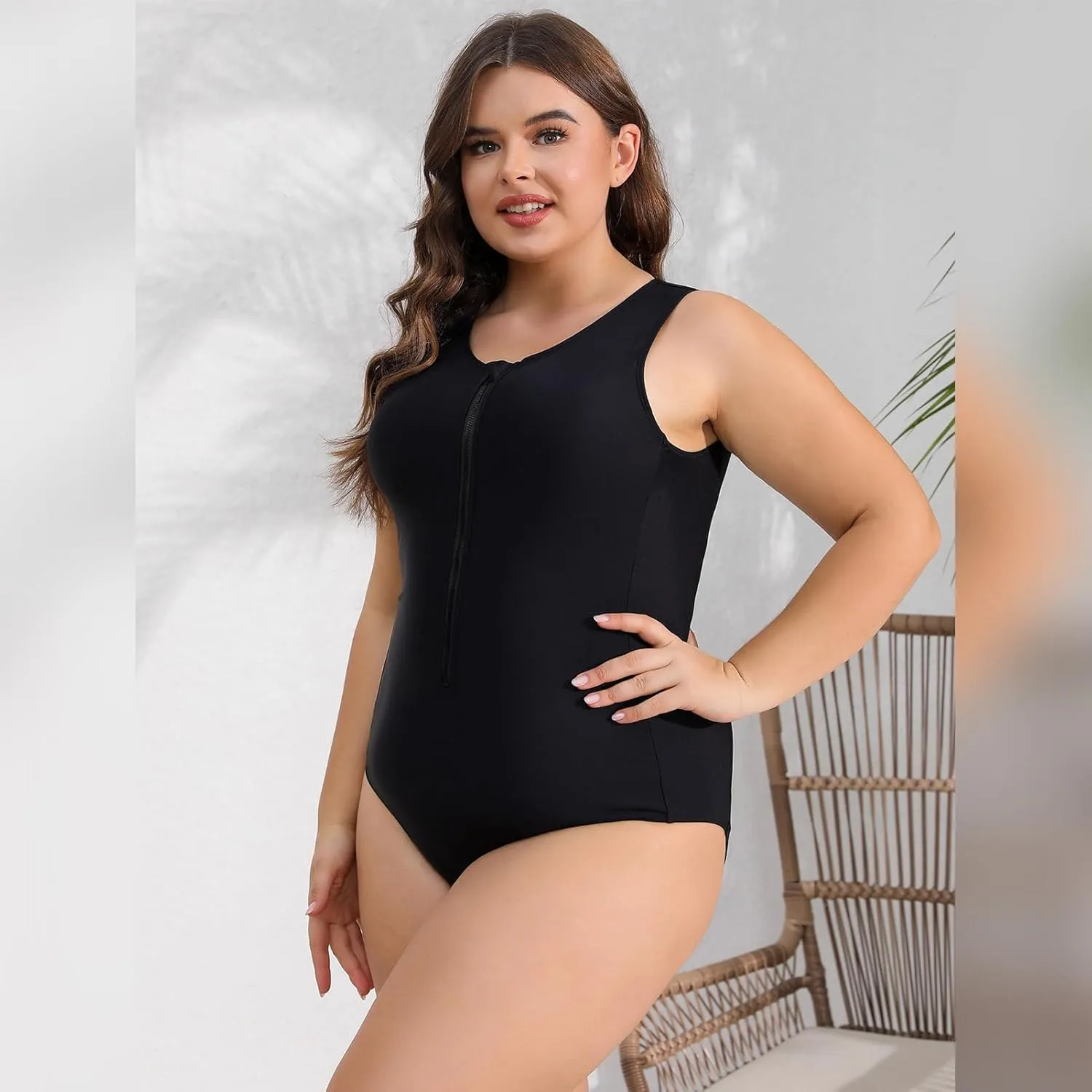 IKADEX Women Plus Size Rush Guard Zipper Swimwear Modest One-Piece Swimsuit Surfing Bathing Suit