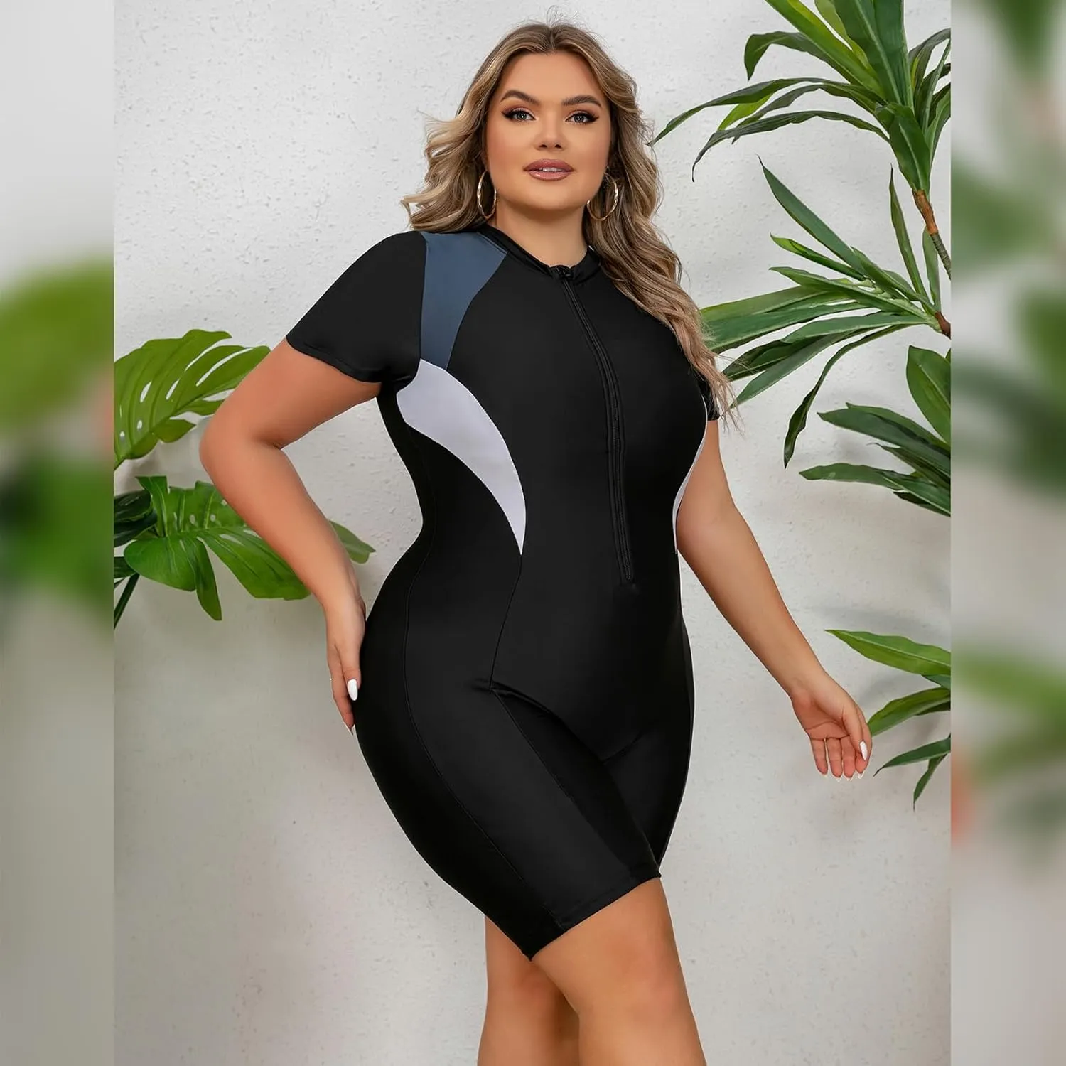 IKADEX Women Plus Size Rush Guard Zipper Swimwear Modest One-Piece Swimsuit Surfing Bathing Suit