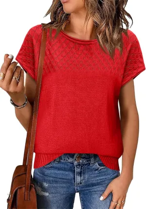Imily Bela Womens Short Sleeve Sweaters Casual Crewneck Crochet Knit Summer Shirts Loose Trendy Pullover Tops