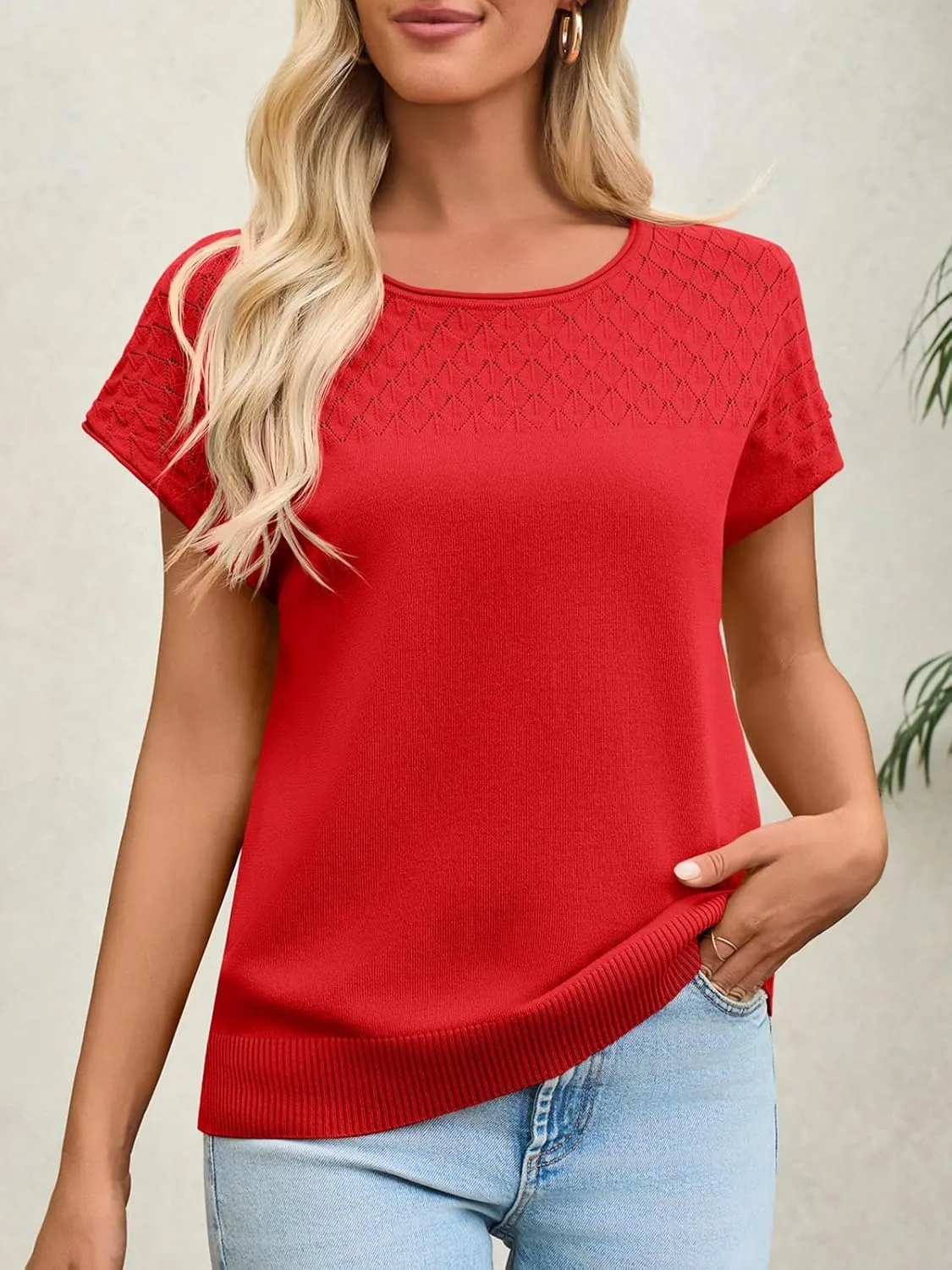 Imily Bela Womens Short Sleeve Sweaters Casual Crewneck Crochet Knit Summer Shirts Loose Trendy Pullover Tops