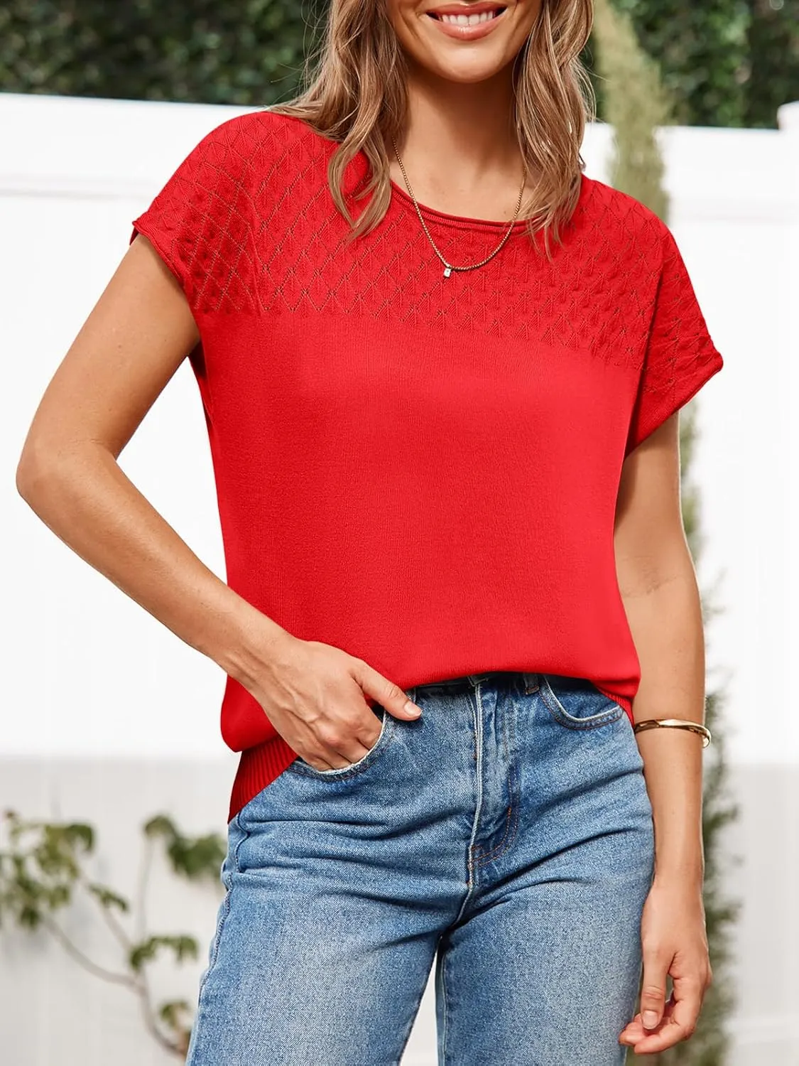 Imily Bela Womens Short Sleeve Sweaters Casual Crewneck Crochet Knit Summer Shirts Loose Trendy Pullover Tops