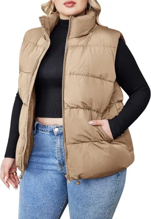 IN'VOLAND Women's Plus Size Zip Up Puffer Vest Stand Collar Outerwear Sleeveless Padded Jacket Coat with Pockets