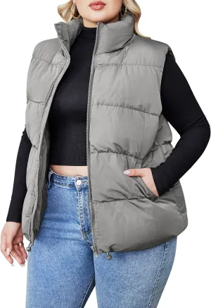 IN'VOLAND Women's Plus Size Zip Up Puffer Vest Stand Collar Outerwear Sleeveless Padded Jacket Coat with Pockets