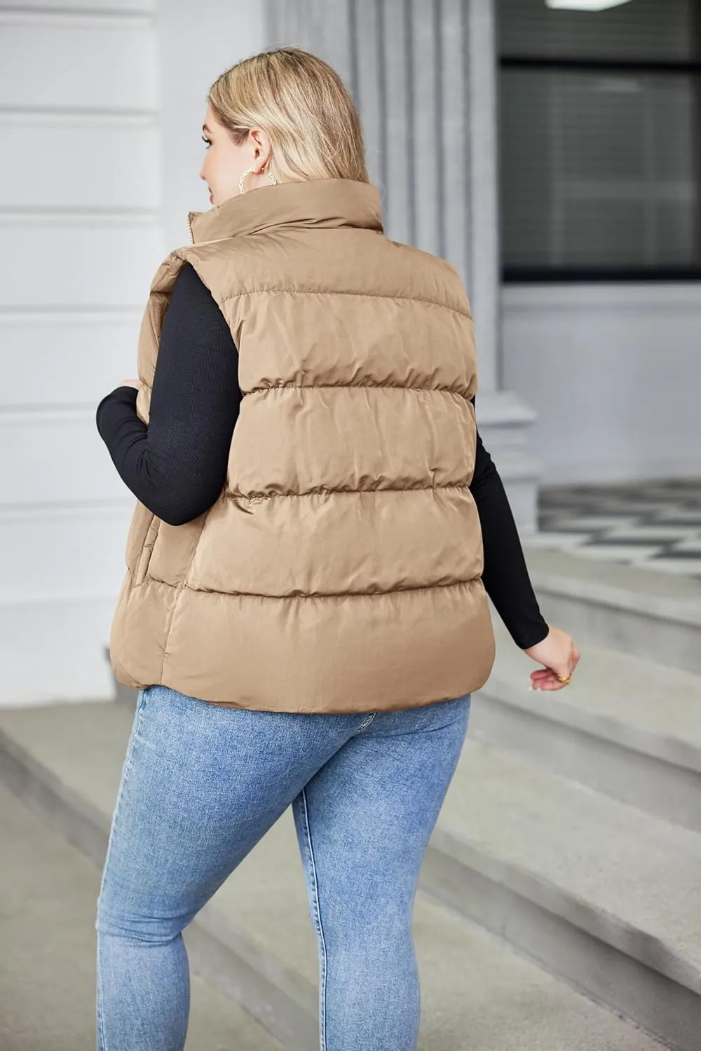 IN'VOLAND Women's Plus Size Zip Up Puffer Vest Stand Collar Outerwear Sleeveless Padded Jacket Coat with Pockets
