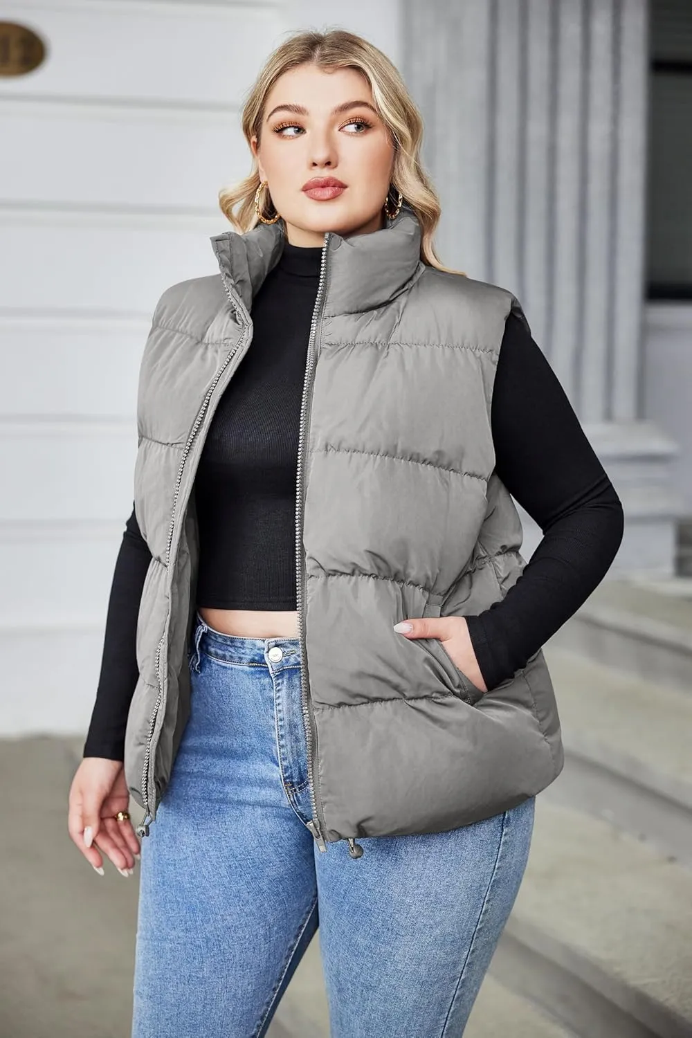 IN'VOLAND Women's Plus Size Zip Up Puffer Vest Stand Collar Outerwear Sleeveless Padded Jacket Coat with Pockets