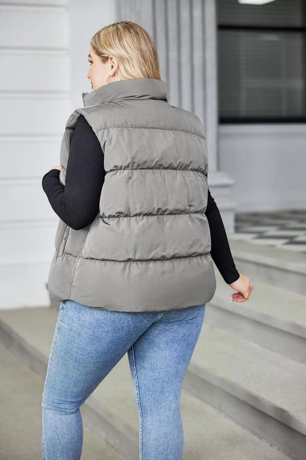 IN'VOLAND Women's Plus Size Zip Up Puffer Vest Stand Collar Outerwear Sleeveless Padded Jacket Coat with Pockets