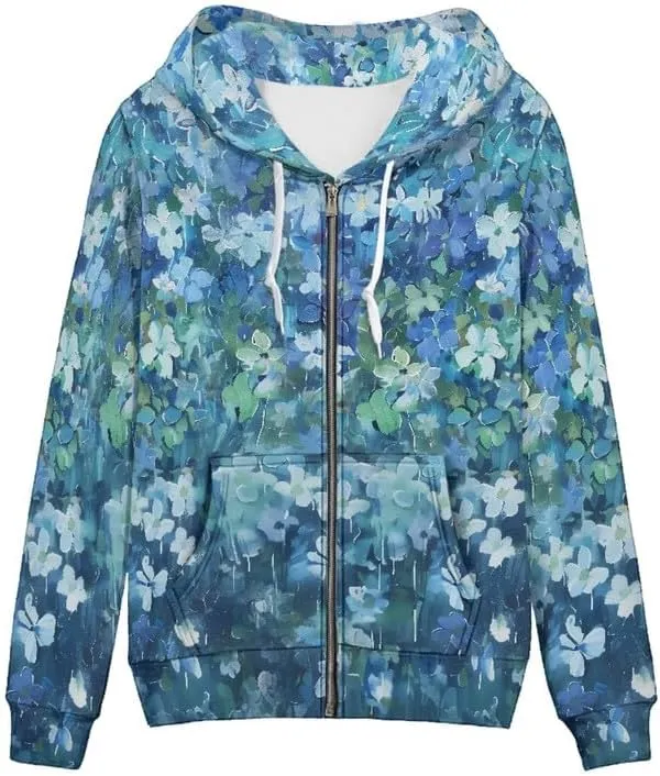 Irisjudy Womens Fall Jackets Hoodie with Pocket, Skulls,Island Flowers Zip Front Open Cardigan Hood Warm Outerwear XS-5XL