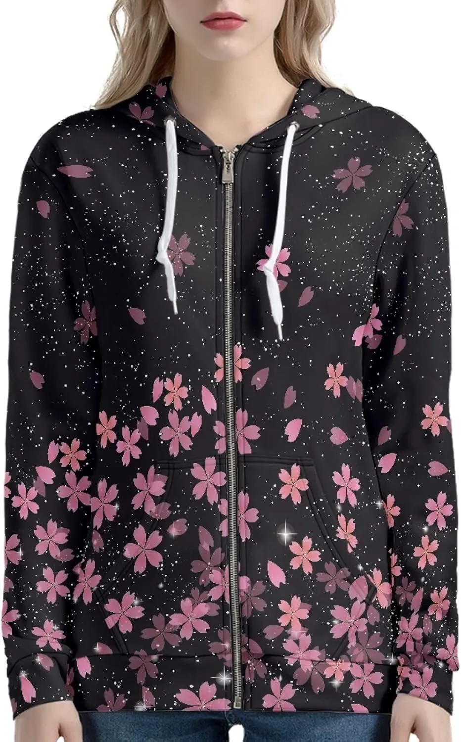 Irisjudy Womens Fall Jackets Hoodie with Pocket, Skulls,Island Flowers Zip Front Open Cardigan Hood Warm Outerwear XS-5XL