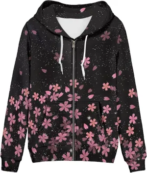 Irisjudy Womens Fall Jackets Hoodie with Pocket, Skulls,Island Flowers Zip Front Open Cardigan Hood Warm Outerwear XS-5XL