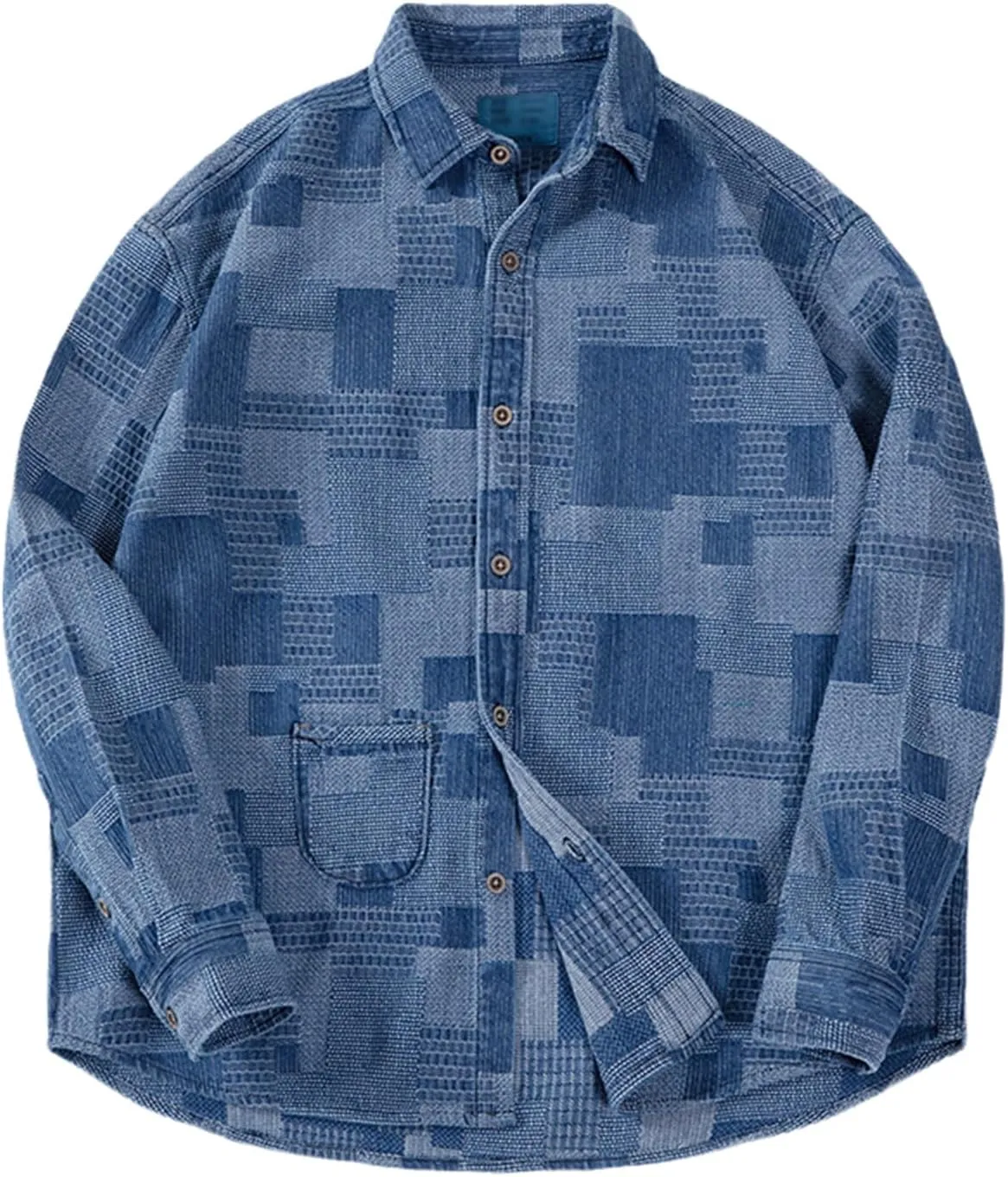 Japanese Retro Denim Shirts For Men Jacquard Patchwork Long-Sleeve Button Down Shirt Jacket Oversize Spring Outerwear