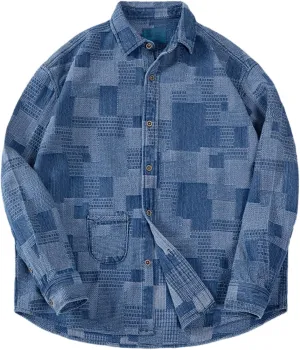 Japanese Retro Denim Shirts For Men Jacquard Patchwork Long-Sleeve Button Down Shirt Jacket Oversize Spring Outerwear