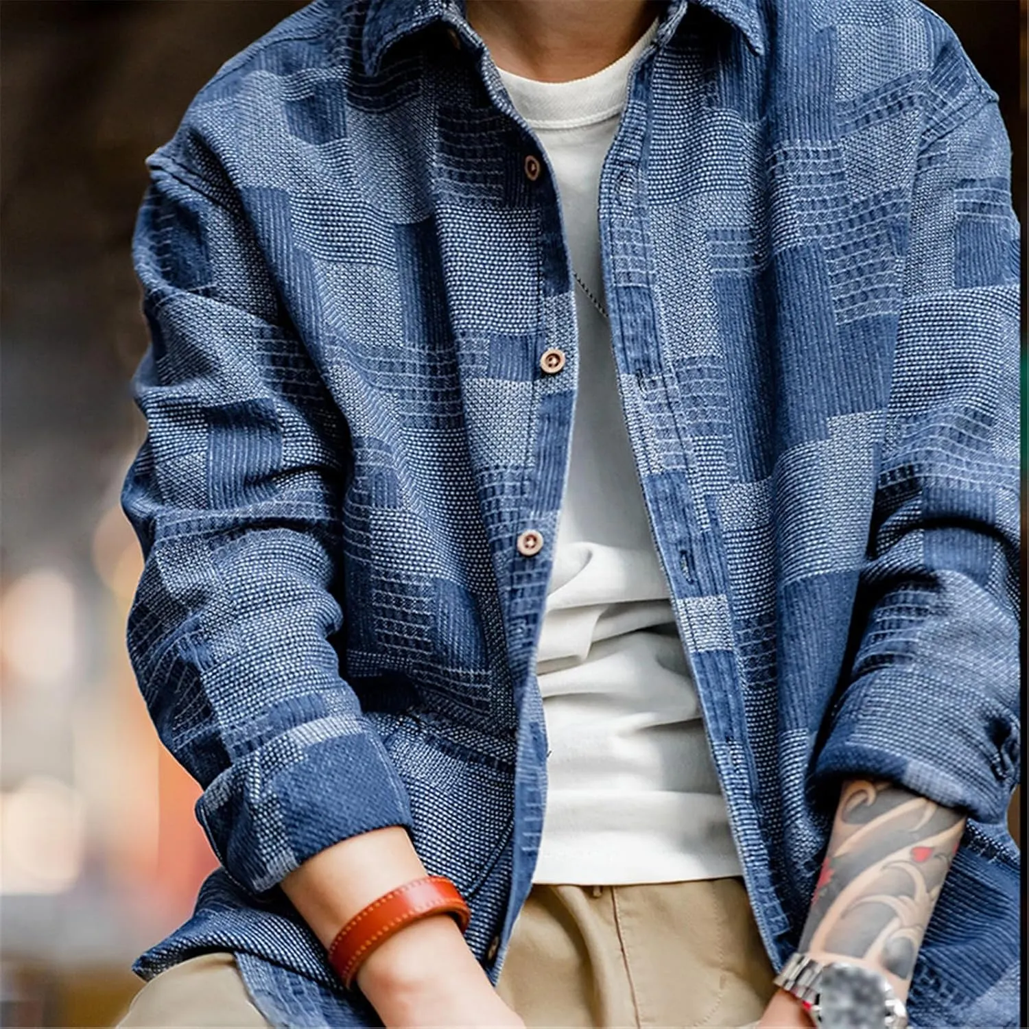 Japanese Retro Denim Shirts For Men Jacquard Patchwork Long-Sleeve Button Down Shirt Jacket Oversize Spring Outerwear
