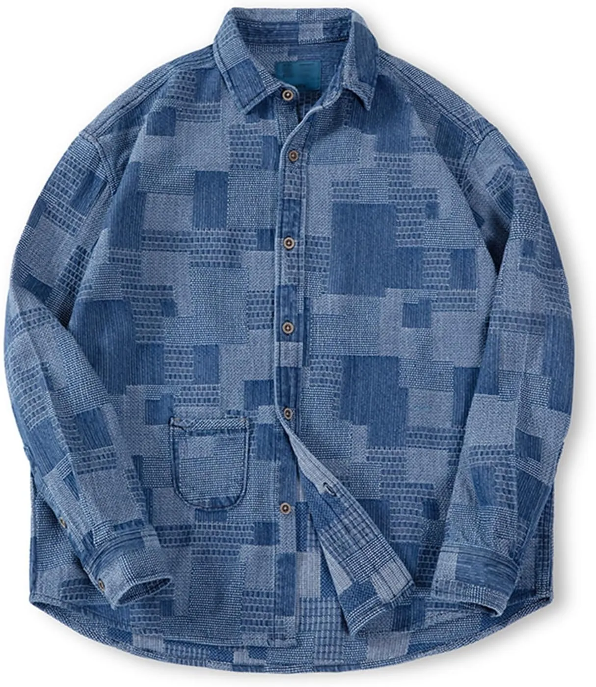 Japanese Retro Denim Shirts For Men Jacquard Patchwork Long-Sleeve Button Down Shirt Jacket Oversize Spring Outerwear