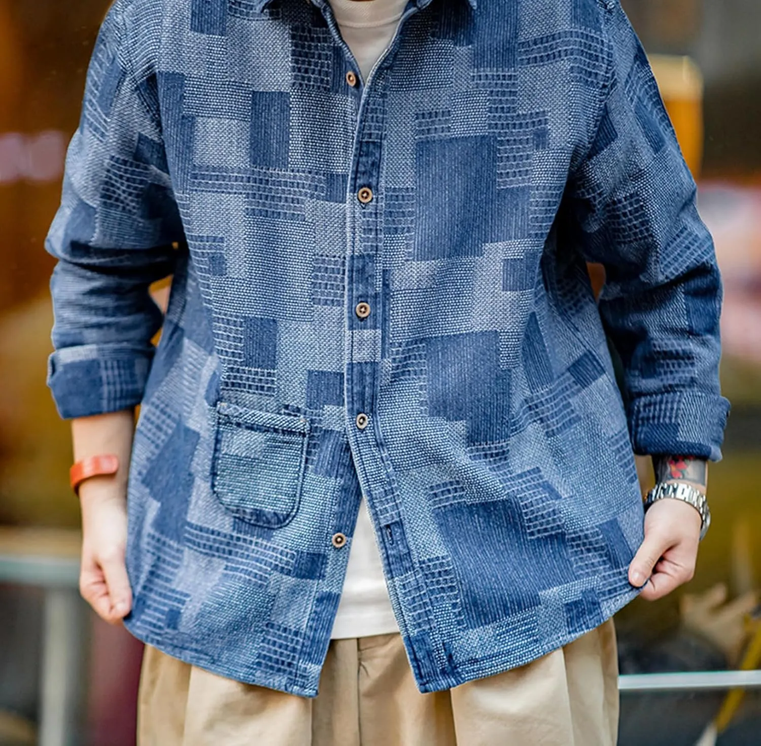 Japanese Retro Denim Shirts For Men Jacquard Patchwork Long-Sleeve Button Down Shirt Jacket Oversize Spring Outerwear