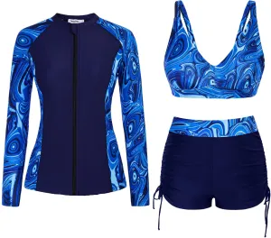 JASAMBAC Women 3 Piece Rash Guard Long Sleeve Zip Up Swimsuits with Boyshort UV UPF 50  Swim Shirt Built in Bra