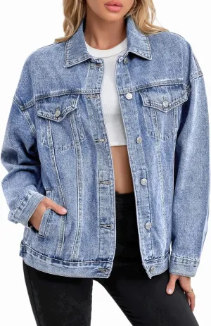 Jean Jacket for Women, Oversize Trendy Denim Jacket, Women's Loose Long Boyfriend Jean Jackets Coat