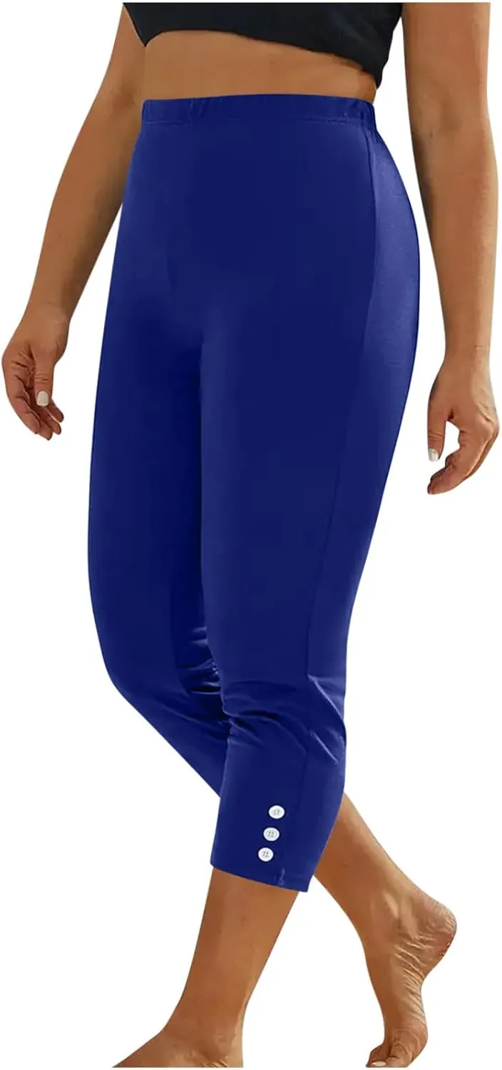 JIEMUXIU High Waisted Capri Leggings for Women - Casual Summer Button Capris Soft Slim Yoga Pants for Running Cycling Workout