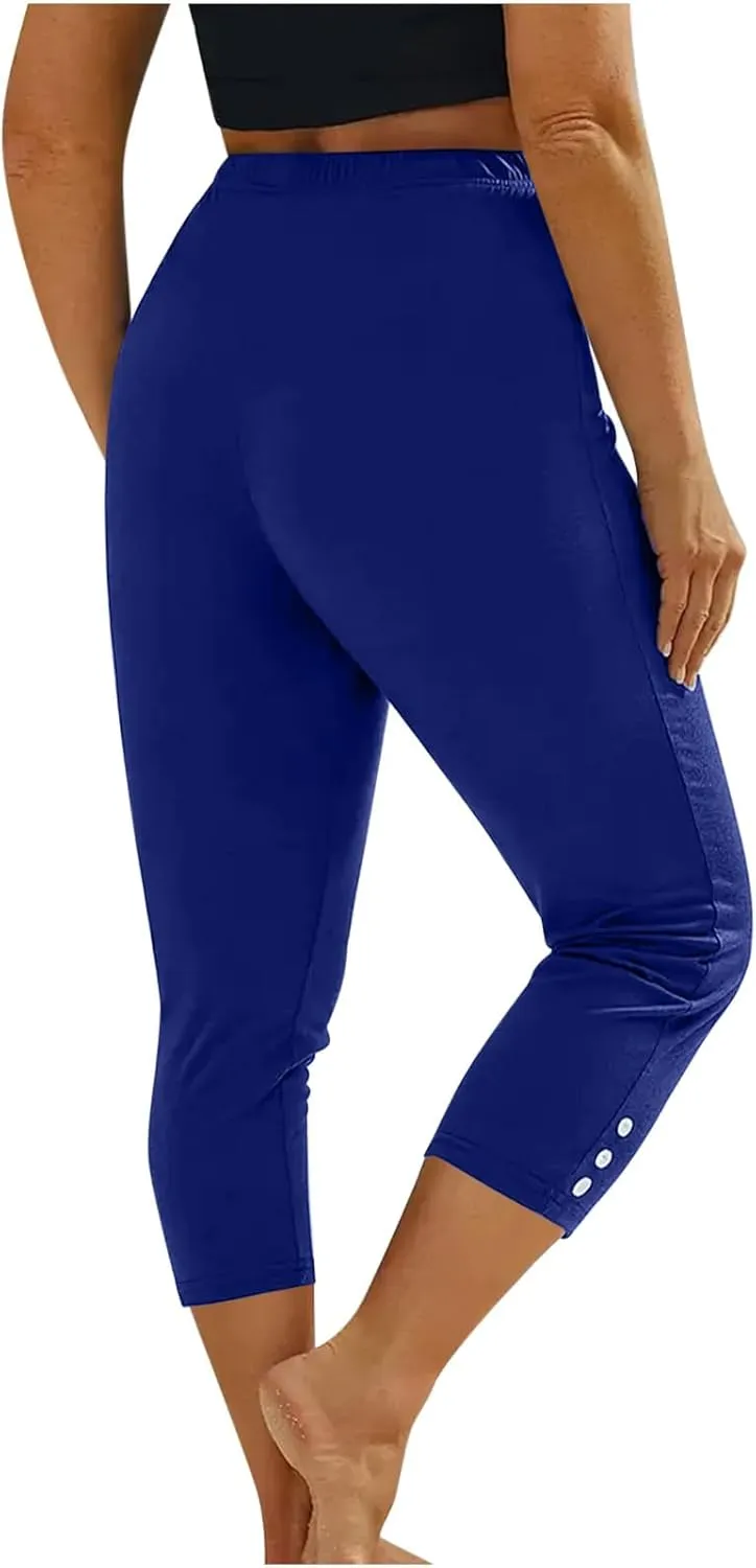 JIEMUXIU High Waisted Capri Leggings for Women - Casual Summer Button Capris Soft Slim Yoga Pants for Running Cycling Workout