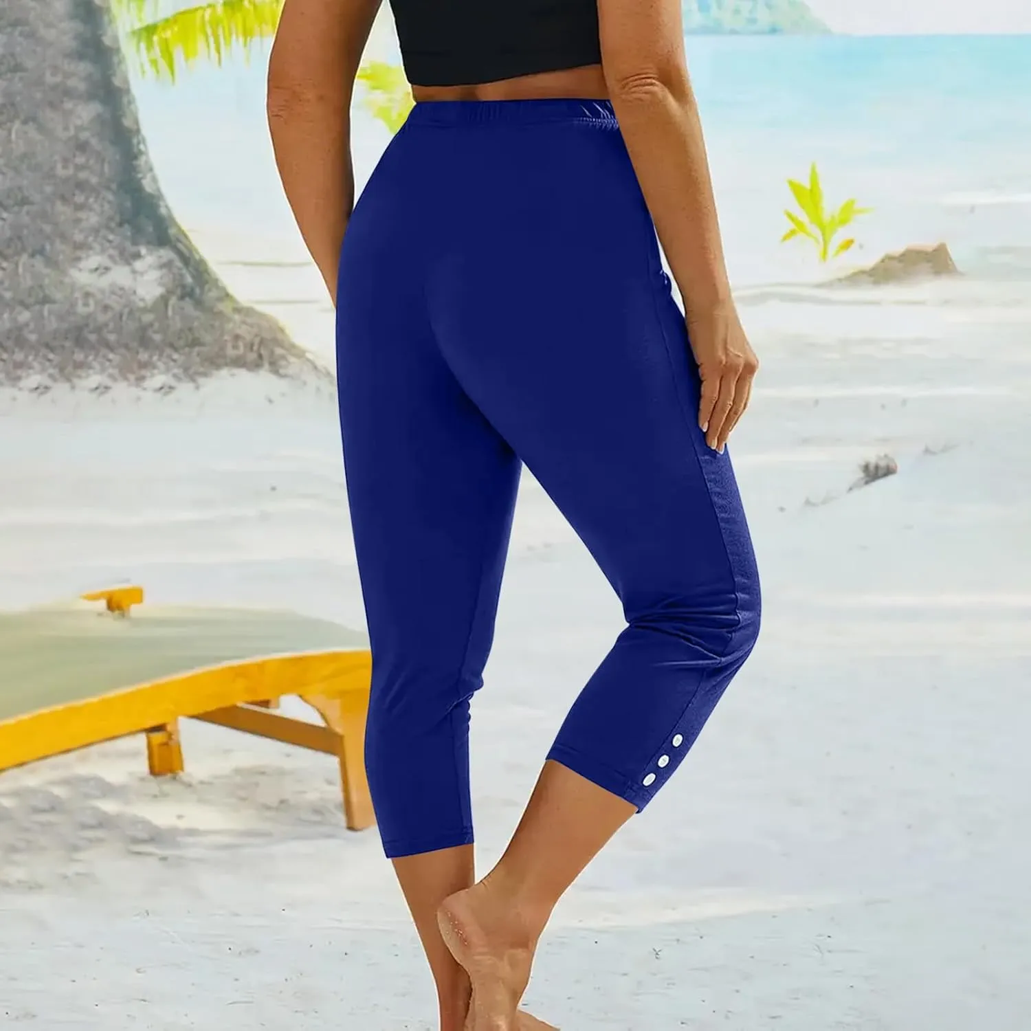 JIEMUXIU High Waisted Capri Leggings for Women - Casual Summer Button Capris Soft Slim Yoga Pants for Running Cycling Workout