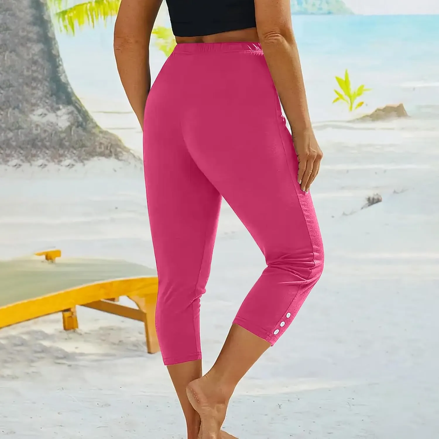 JIEMUXIU High Waisted Capri Leggings for Women - Casual Summer Button Capris Soft Slim Yoga Pants for Running Cycling Workout