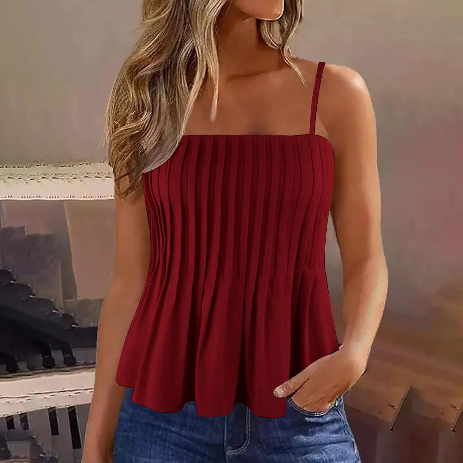 jsaierl Women's Boho Vacation Beach Camisole Tops Fashion Pleated Sleeveless T Shirt Summer Flowy Spaghetti Strap Tank Top