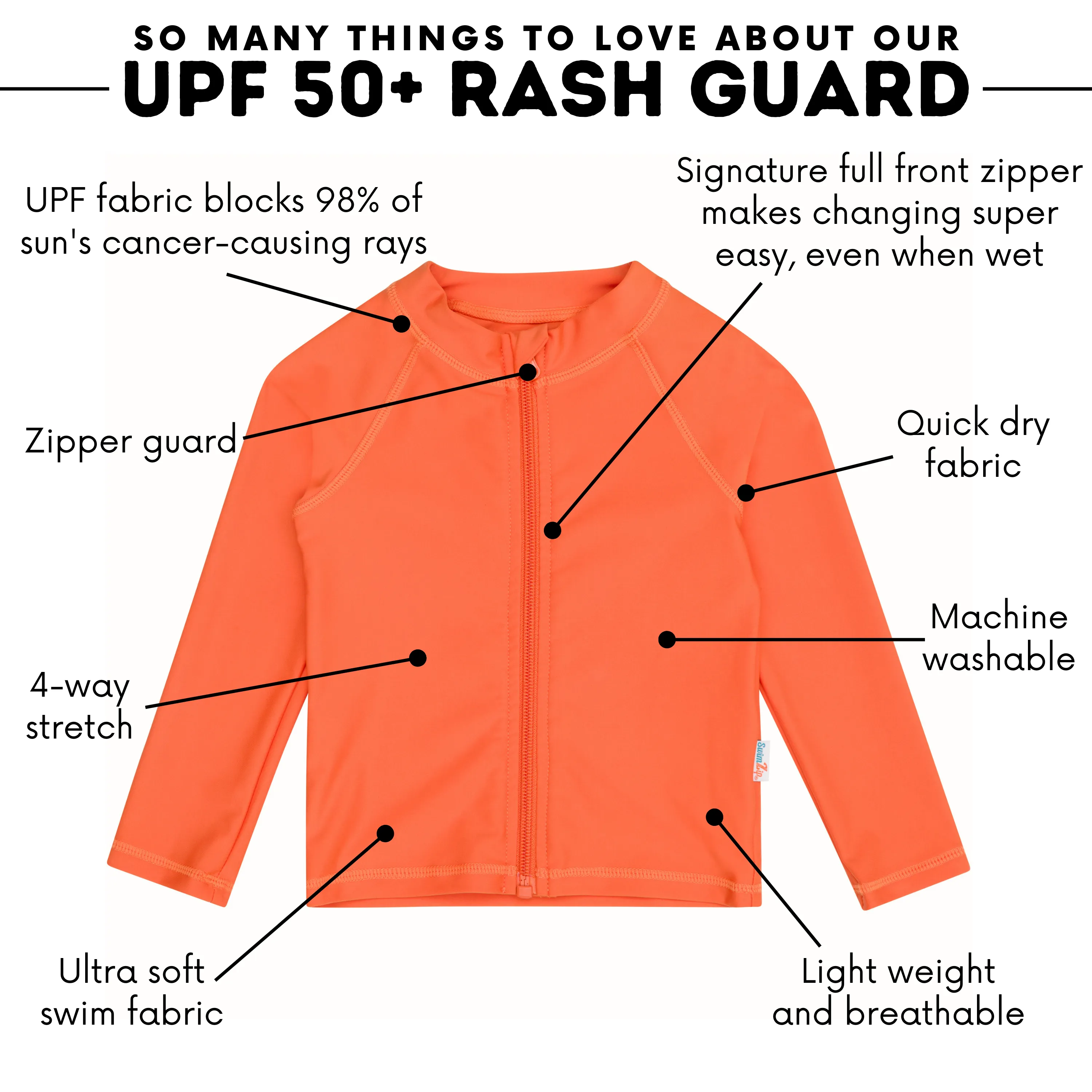 Kids UPF 50  Long Sleeve Zipper Rash Guard Swim Shirt | "Desert Orange"