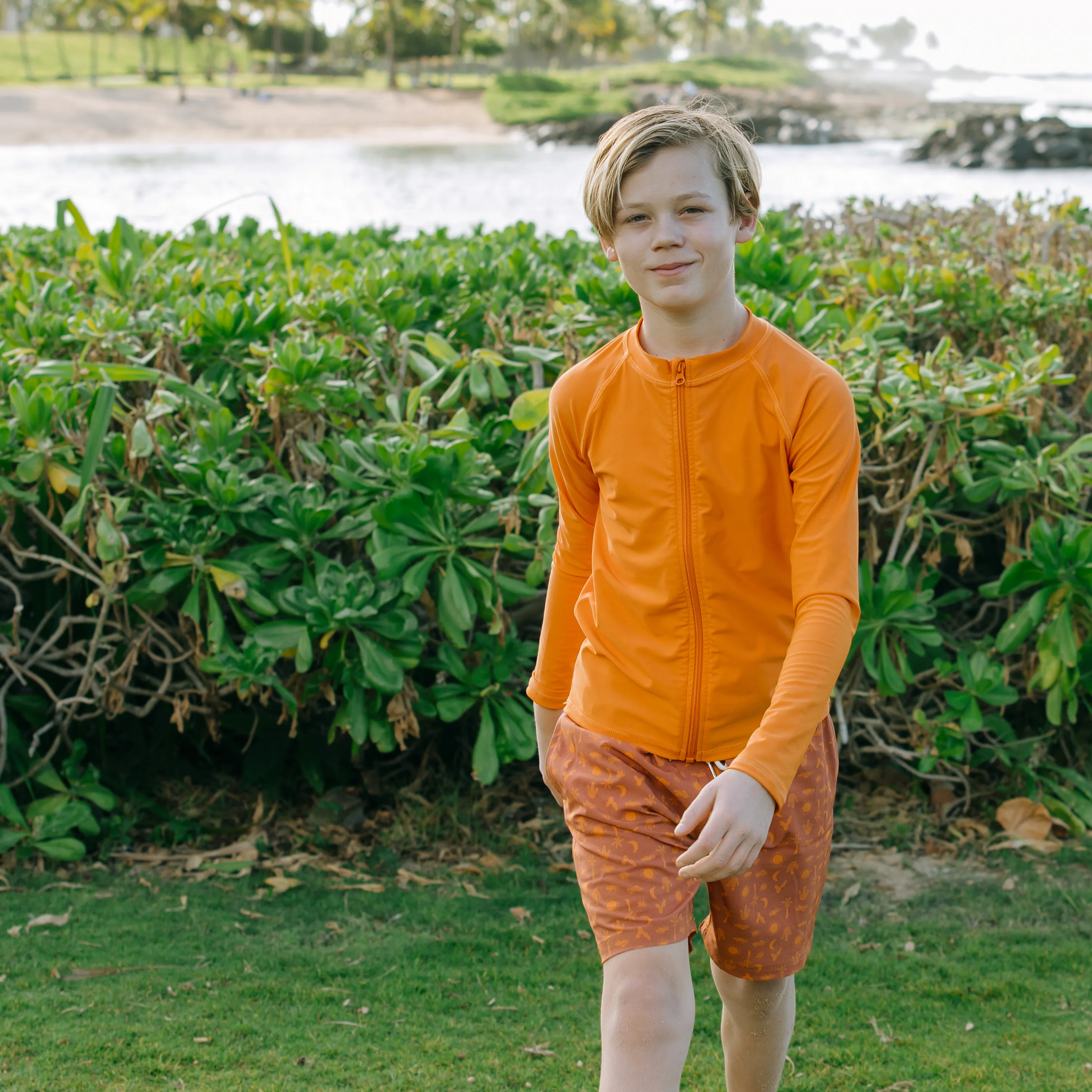 Kids UPF 50  Long Sleeve Zipper Rash Guard Swim Shirt | "Desert Orange"