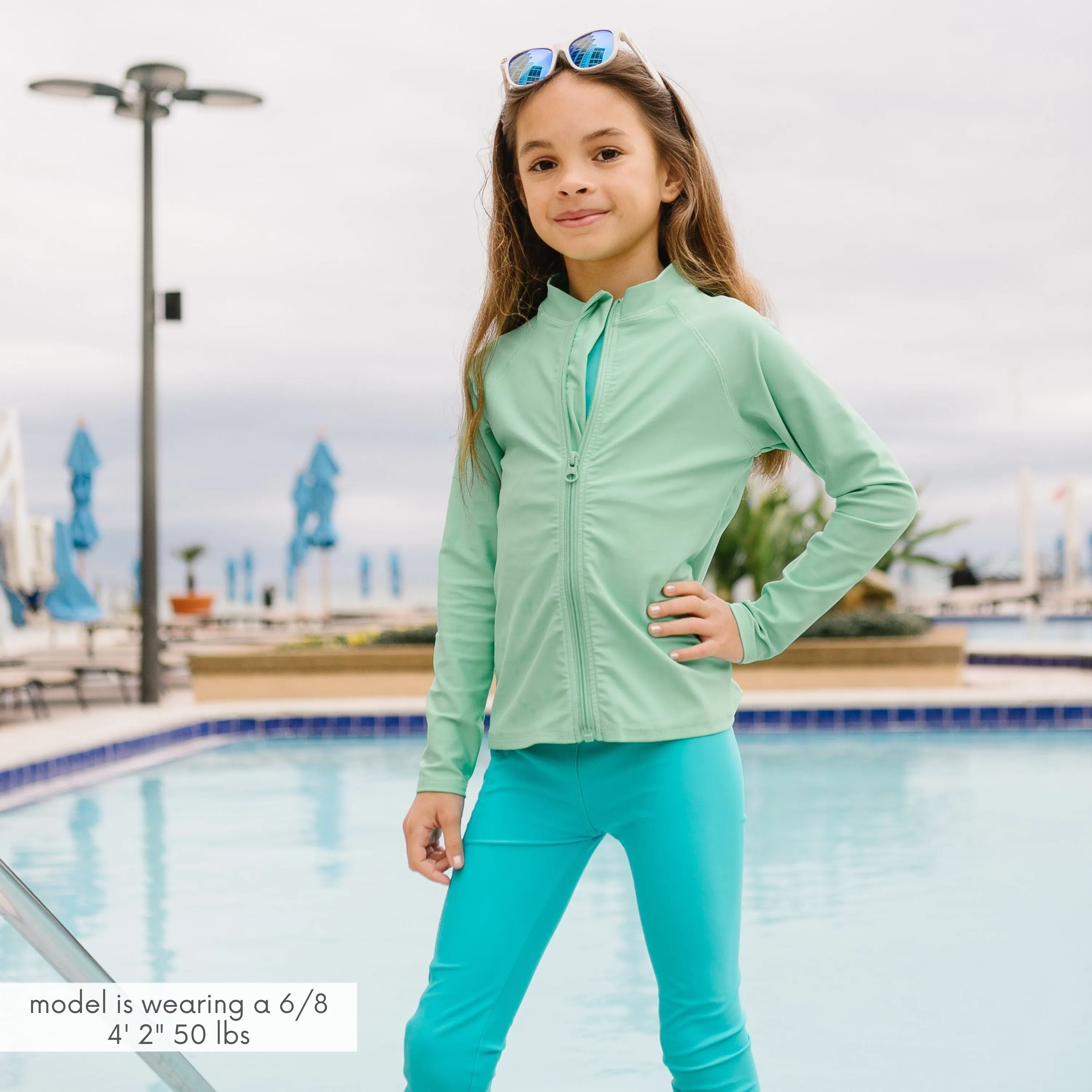 Kids UPF 50  Long Sleeve Zipper Rash Guard Swim Shirt | "Light Jade"