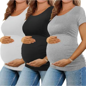 KIM S Maternity Shirts, 3 Packs Maternity Shirt Side Ruched Maternity Tops Casual Pregnancy Maternity-Clothes