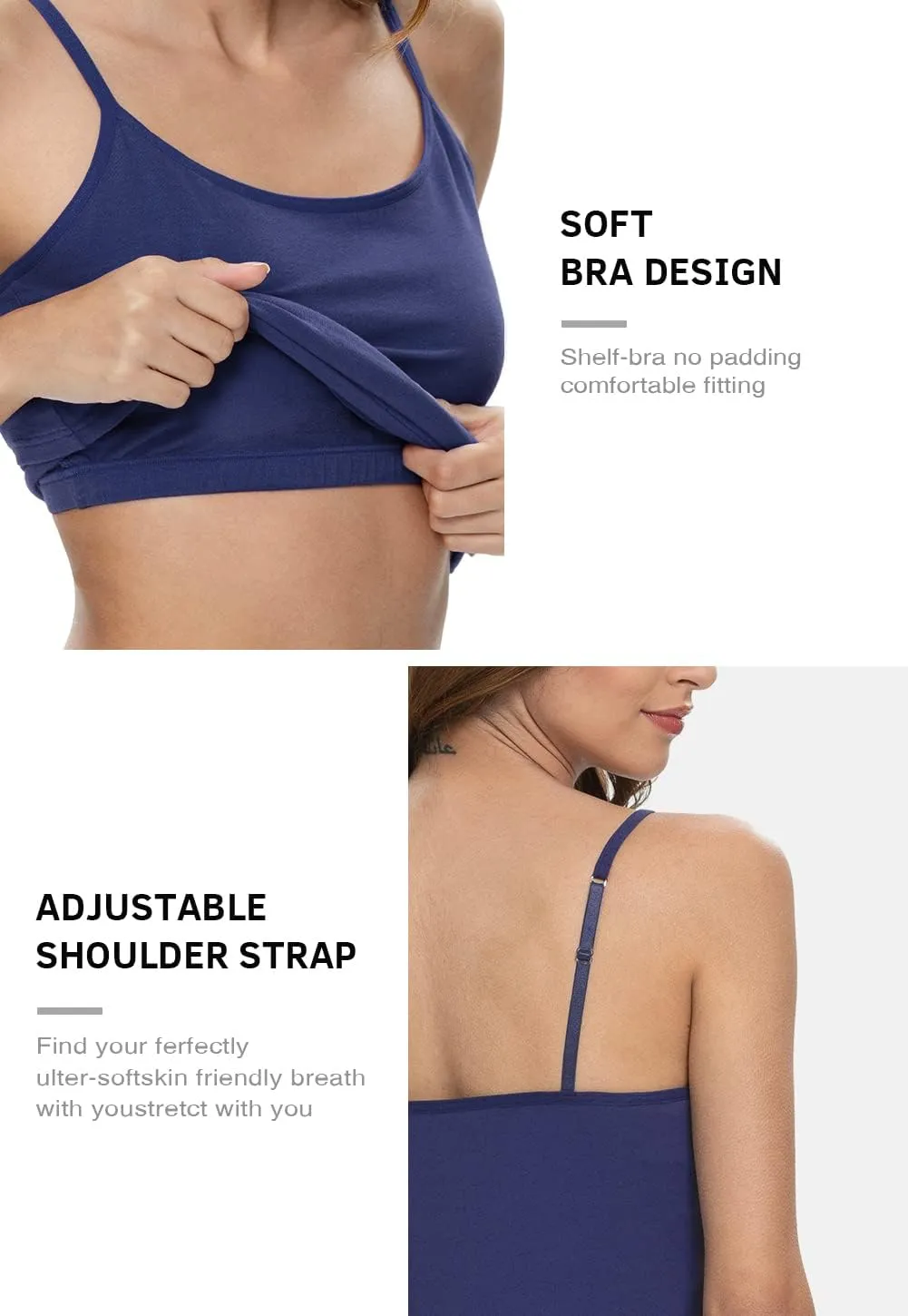 Knuffnee Womens Cotton Camisole with Shelf Bra Spaghetti Strap Tank Tops Adjustable Undershirt 3 Pack