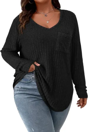 Koscacy Women Plus Size Casual Knit Sweater with Pocket V Neck Solid Color Tops Lightweight Long Sleeve Blouses
