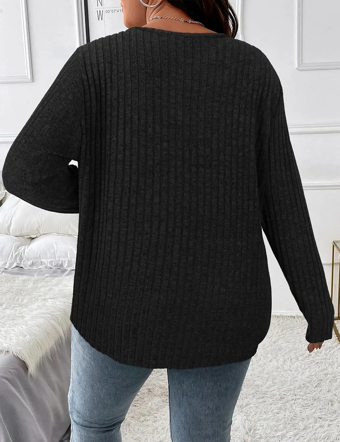 Koscacy Women Plus Size Casual Knit Sweater with Pocket V Neck Solid Color Tops Lightweight Long Sleeve Blouses