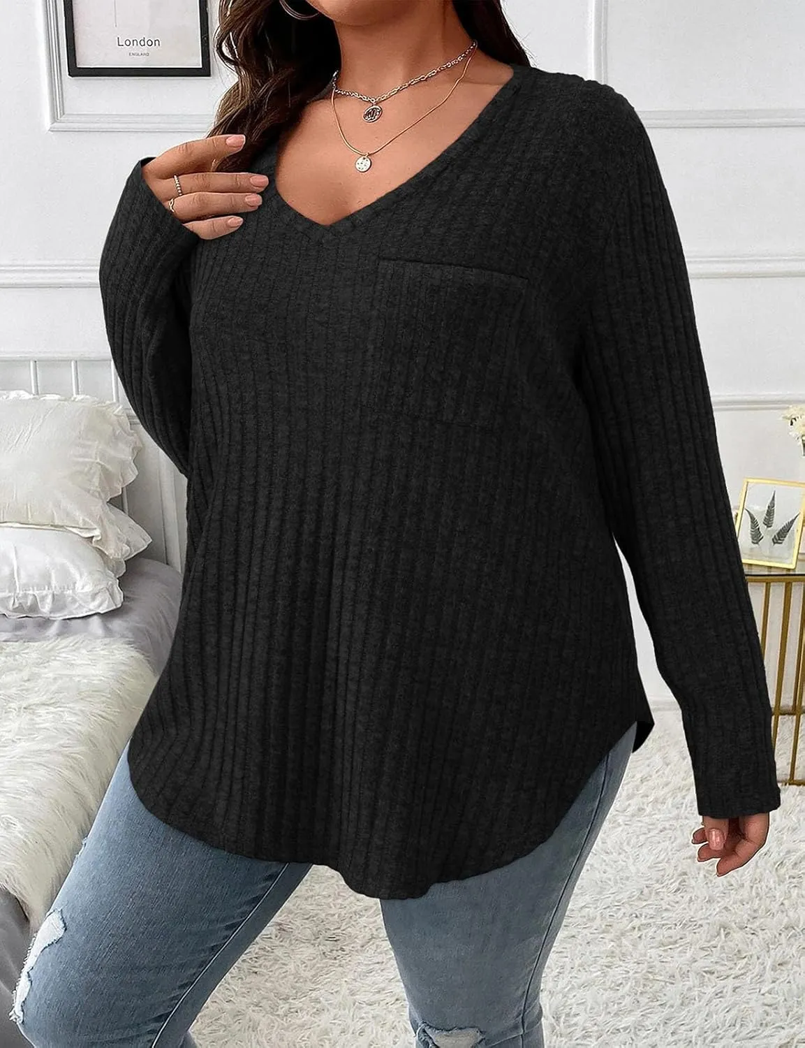 Koscacy Women Plus Size Casual Knit Sweater with Pocket V Neck Solid Color Tops Lightweight Long Sleeve Blouses