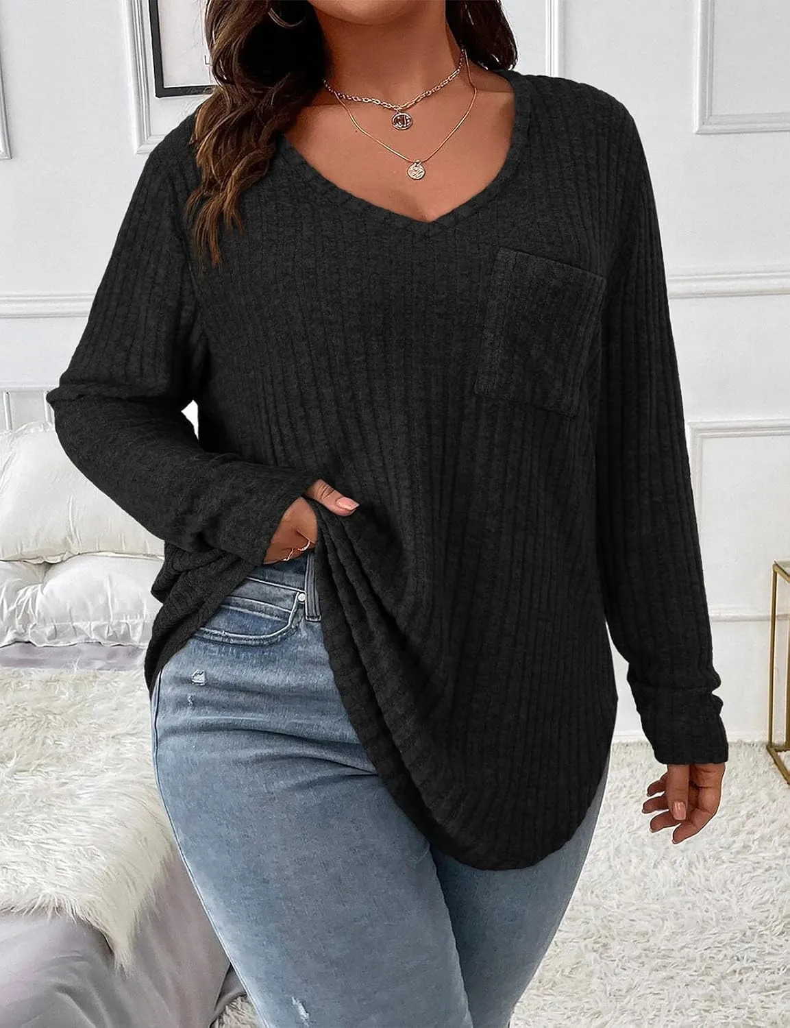 Koscacy Women Plus Size Casual Knit Sweater with Pocket V Neck Solid Color Tops Lightweight Long Sleeve Blouses