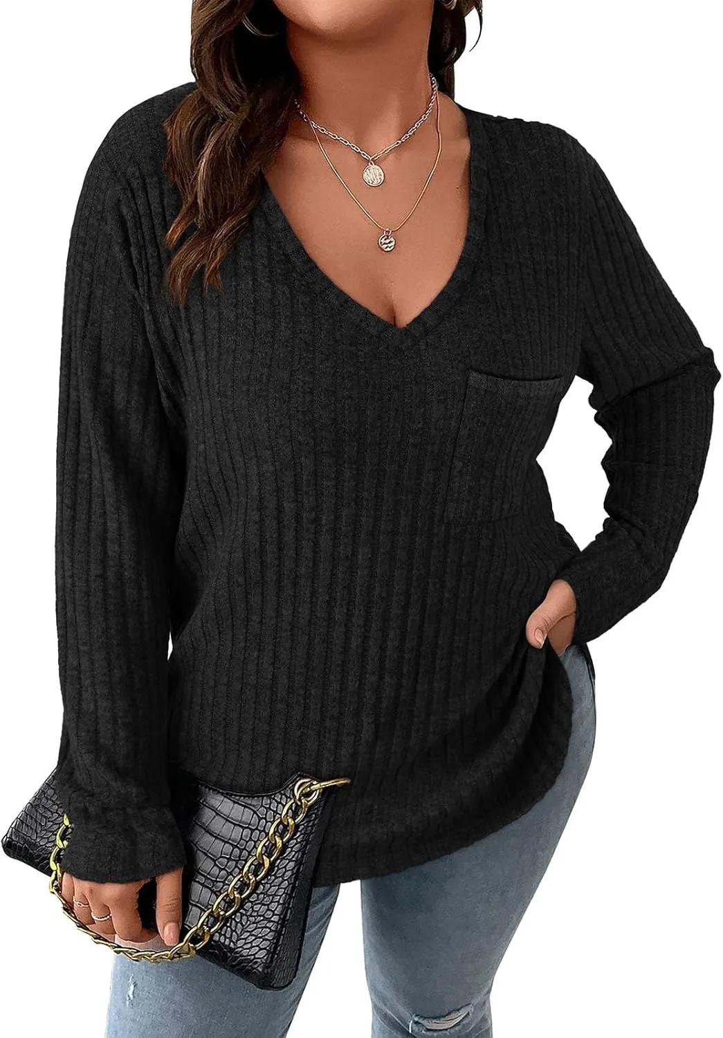 Koscacy Women Plus Size Casual Knit Sweater with Pocket V Neck Solid Color Tops Lightweight Long Sleeve Blouses