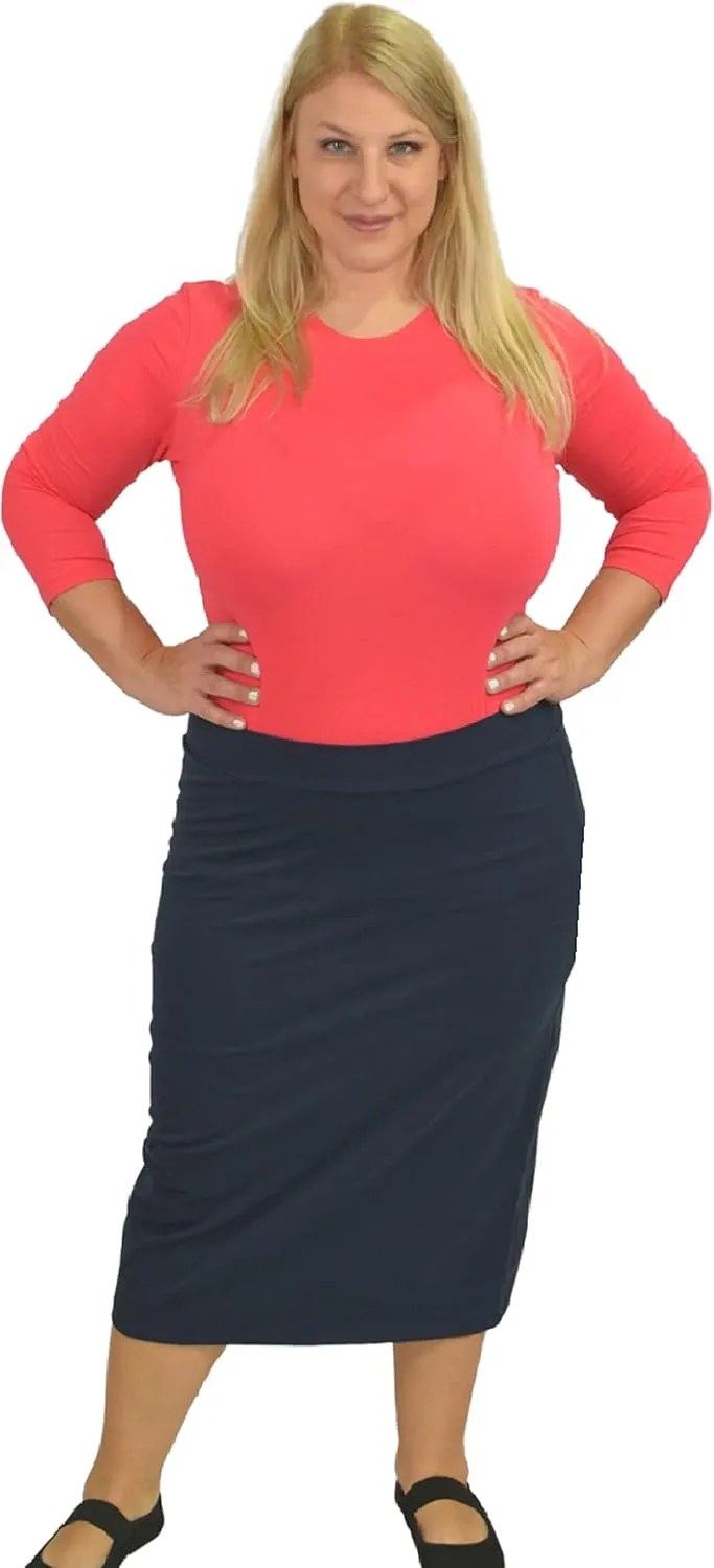 Kosher Casual Women's Modest Midi Lightweight Cotton Spandex Tapered Pencil Skirt