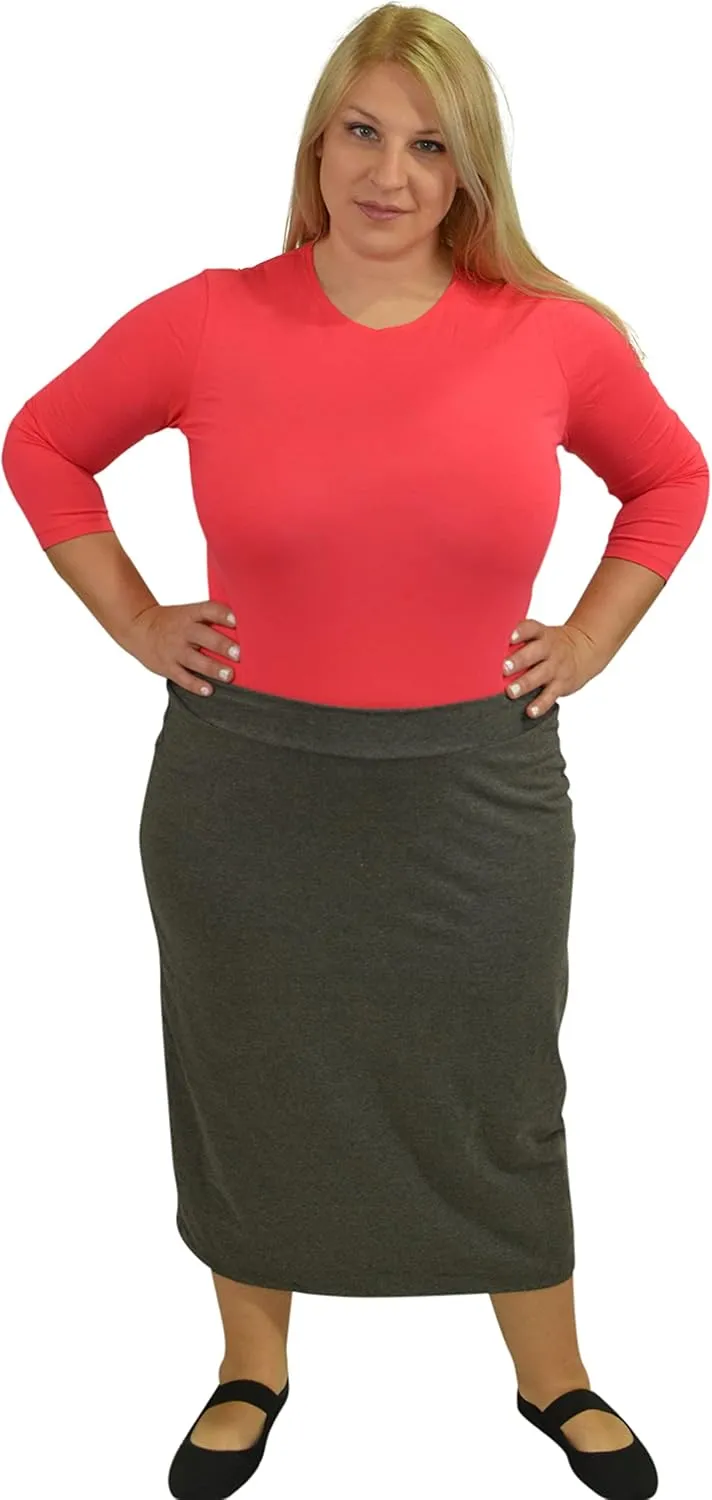 Kosher Casual Women's Modest Midi Lightweight Cotton Spandex Tapered Pencil Skirt