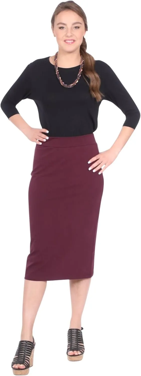 Kosher Casual Women's Modest Midi Lightweight Cotton Spandex Tapered Pencil Skirt